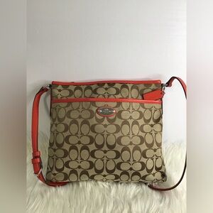 Coach Outline Signature Canvas Zip File Crossbody Bag Orange Khaki